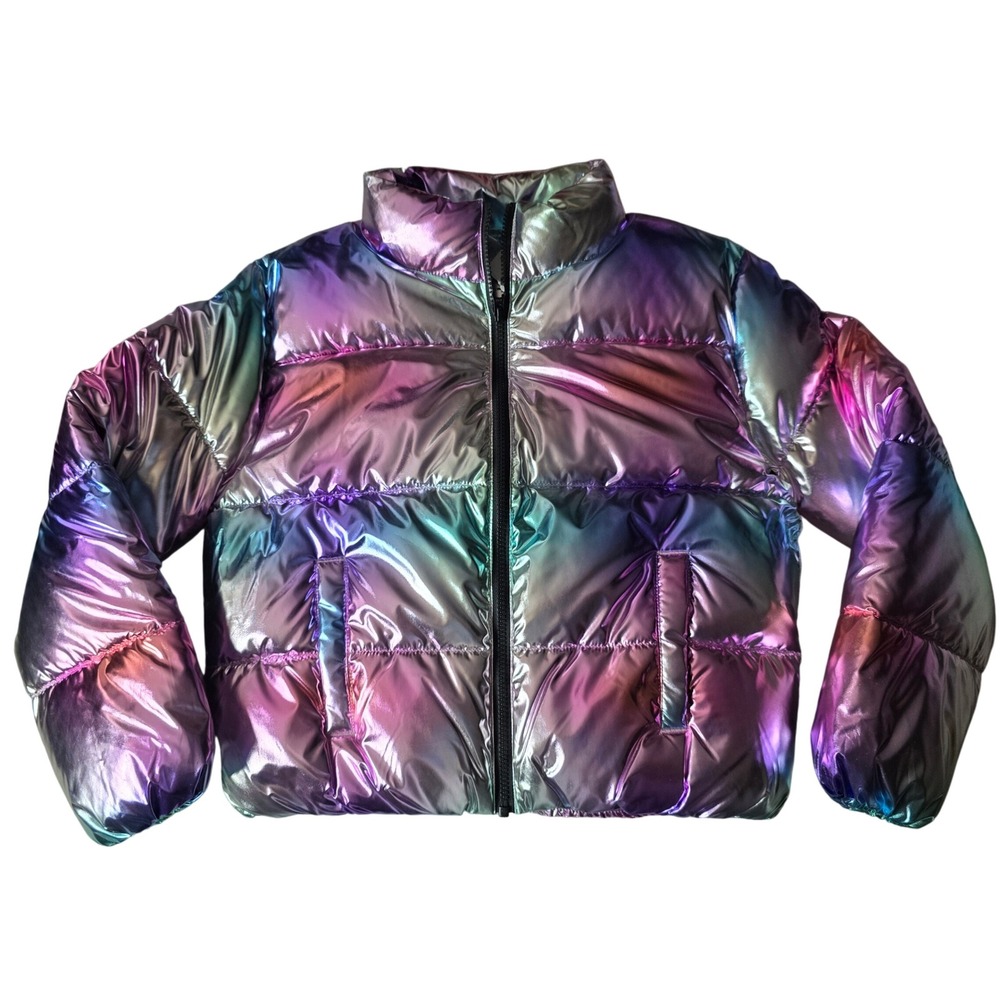Sugar & Jade Girls Rainbow Foil Puffer Jacket Iridescent Metallic Coat Size 10 M
